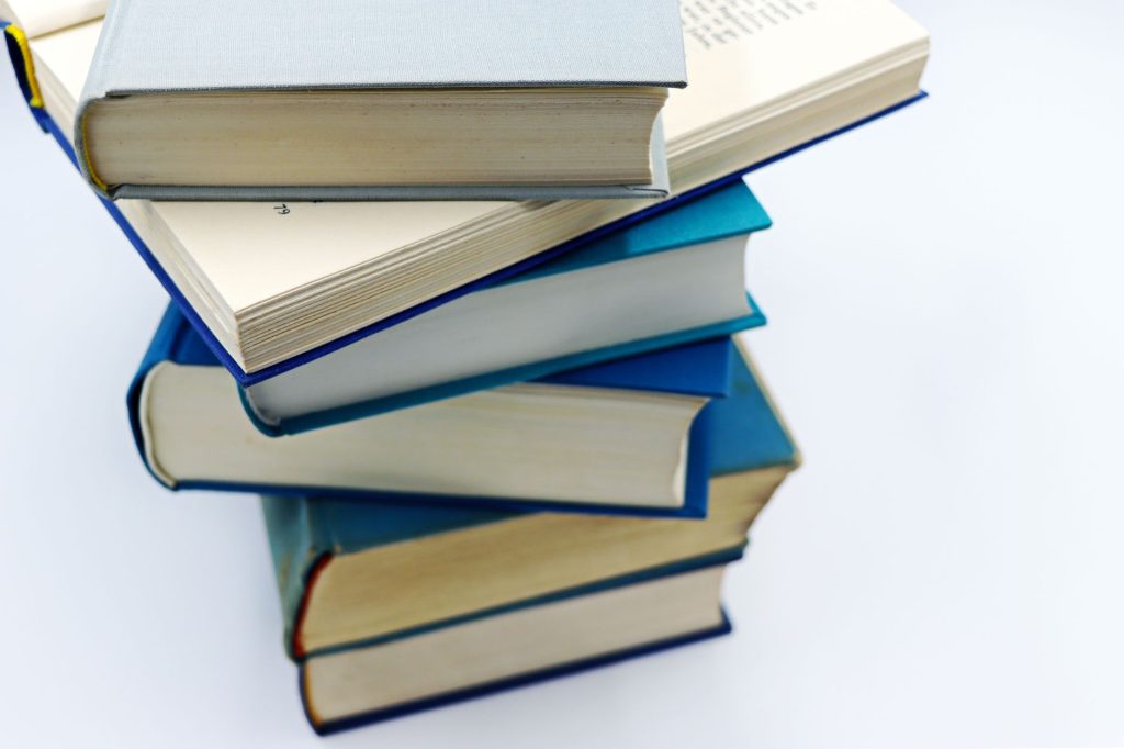 Pile de light novels et de romans illustrés posés sur une étagère